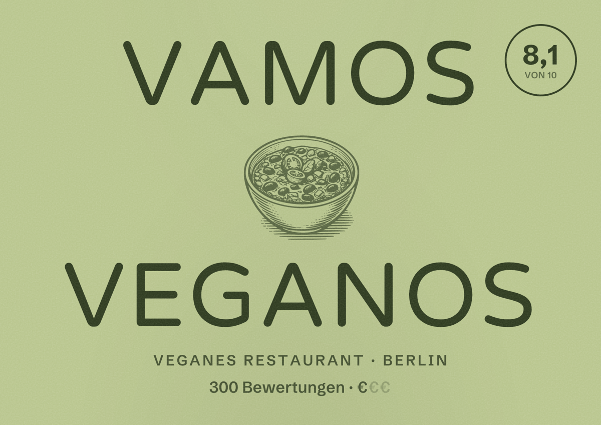 Illustriertes Poster von Vamos Veganos, Veganes Restaurant in Berlin: Bewertung 8,1 von 10 aus 300 Bewertungen, Preisniveau €