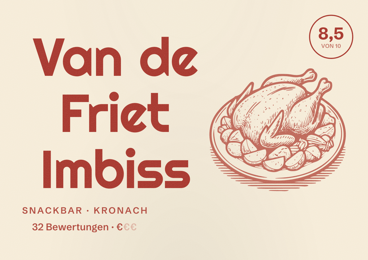 Illustriertes Poster von Van de Friet Imbiss, Snackbar in Kronach: Bewertung 8,5 von 10 aus 32 Bewertungen, Preisniveau €