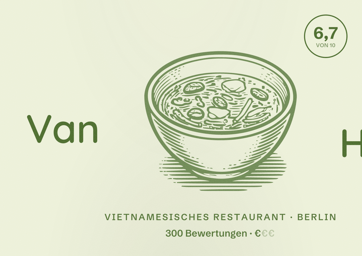 Illustriertes Poster von Van Hoa, Vietnamesisches Restaurant in Berlin: Bewertung 6,7 von 10 aus 300 Bewertungen, Preisniveau €