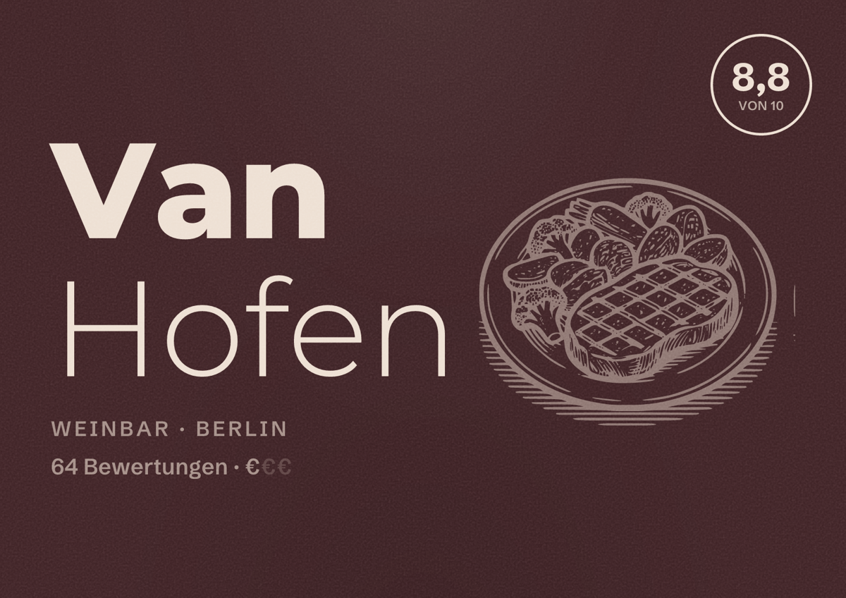 Illustriertes Poster von Van Hofen, Weinbar in Berlin: Bewertung 8,8 von 10 aus 64 Bewertungen, Preisniveau €