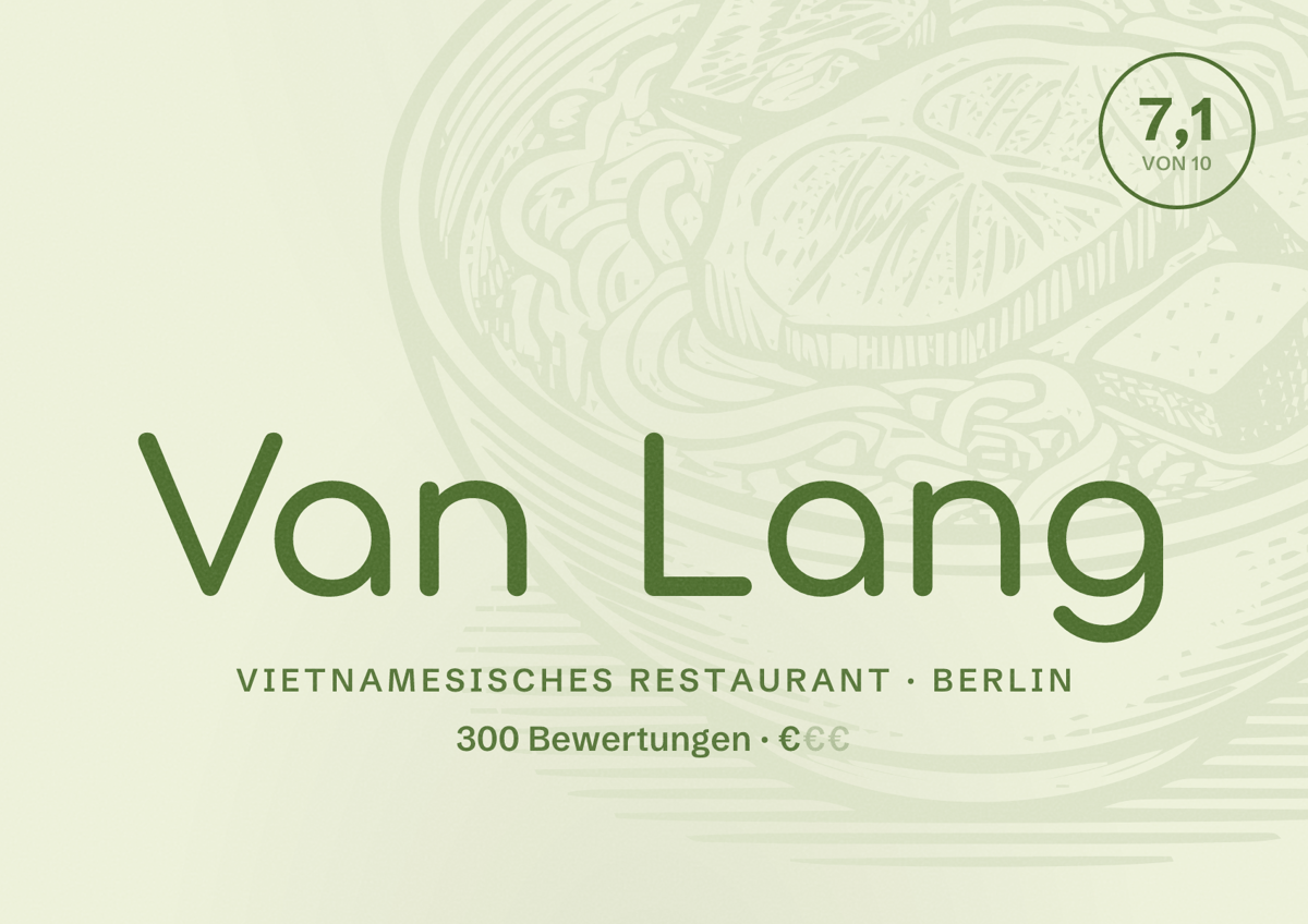 Illustriertes Poster von Van Lang, Vietnamesisches Restaurant in Berlin: Bewertung 7,1 von 10 aus 300 Bewertungen, Preisniveau €