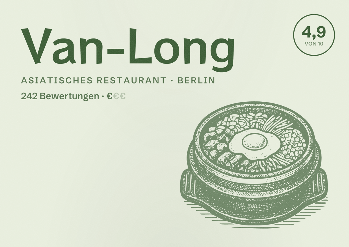 Illustriertes Poster von Van-Long, Asiatisches Restaurant in Berlin: Bewertung 4,9 von 10 aus 242 Bewertungen, Preisniveau €
