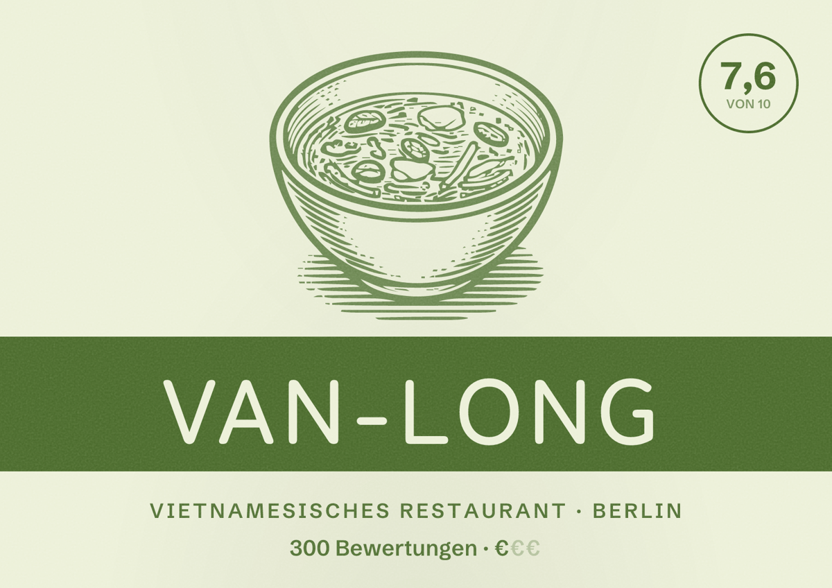 Illustriertes Poster von Van-Long, Vietnamesisches Restaurant in Berlin: Bewertung 7,6 von 10 aus 300 Bewertungen, Preisniveau €