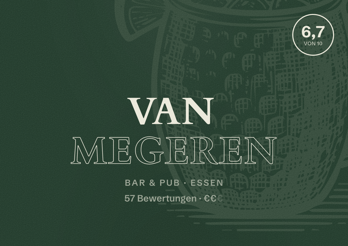 Illustriertes Poster von van Megeren, Bar & Pub in Essen: Bewertung 6,7 von 10 aus 57 Bewertungen, Preisniveau €€