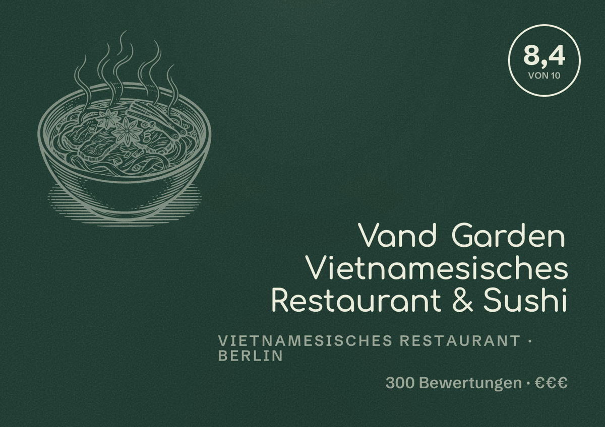 Illustriertes Poster von Vand Garden Vietnamesisches Restaurant & Sushi, Vietnamesisches Restaurant in Berlin: Bewertung 8,4 von 10 aus 300 Bewertungen, Preisniveau €€€