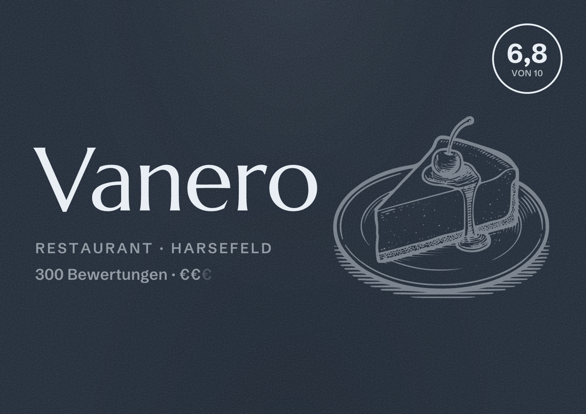 Illustriertes Poster von Vanero, Restaurant in Harsefeld: Bewertung 6,8 von 10 aus 300 Bewertungen, Preisniveau €€
