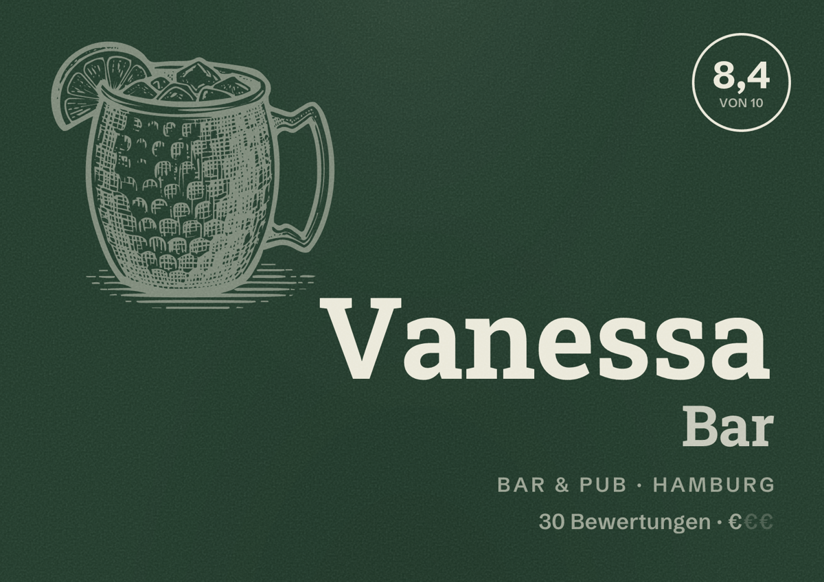 Illustriertes Poster von Vanessa Bar, Bar & Pub in Hamburg: Bewertung 8,4 von 10 aus 30 Bewertungen, Preisniveau €