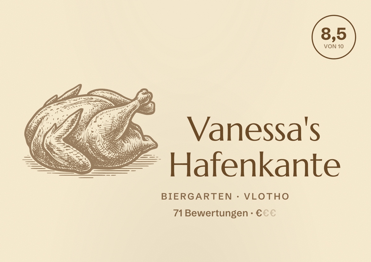Illustriertes Poster von Vanessa's Hafenkante, Biergarten in Vlotho: Bewertung 8,5 von 10 aus 71 Bewertungen, Preisniveau €