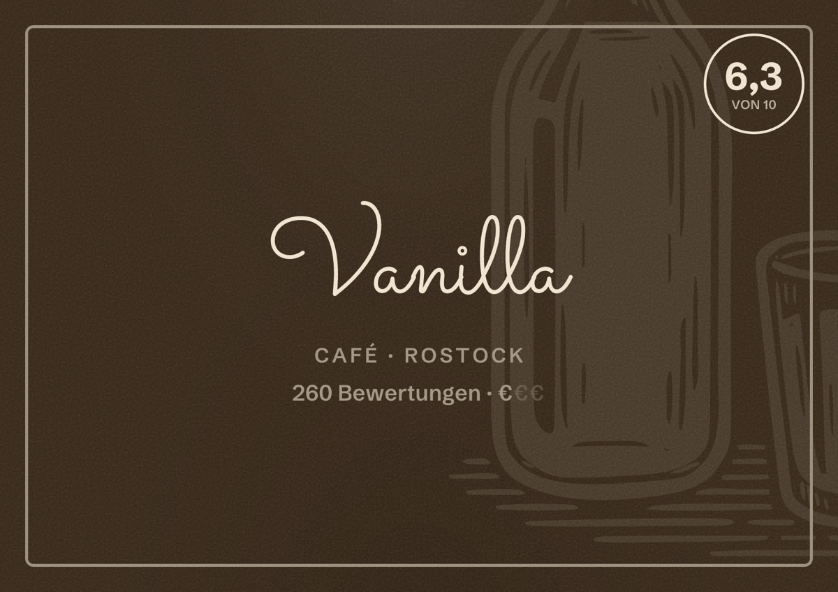 Illustriertes Poster von Vanilla, Café in Rostock: Bewertung 6,3 von 10 aus 260 Bewertungen, Preisniveau €