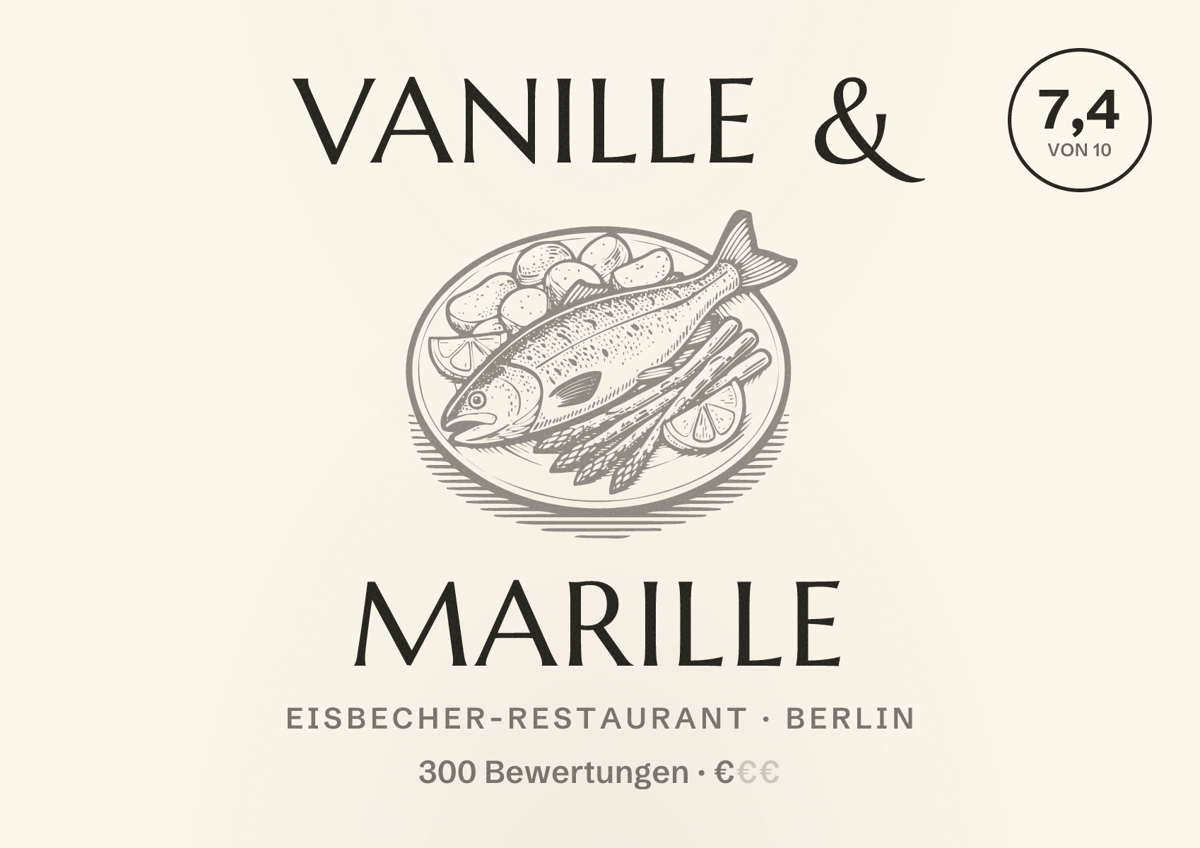 Illustriertes Poster von vanille & marille, Eisbecher-Restaurant in Berlin: Bewertung 7,4 von 10 aus 300 Bewertungen, Preisniveau €