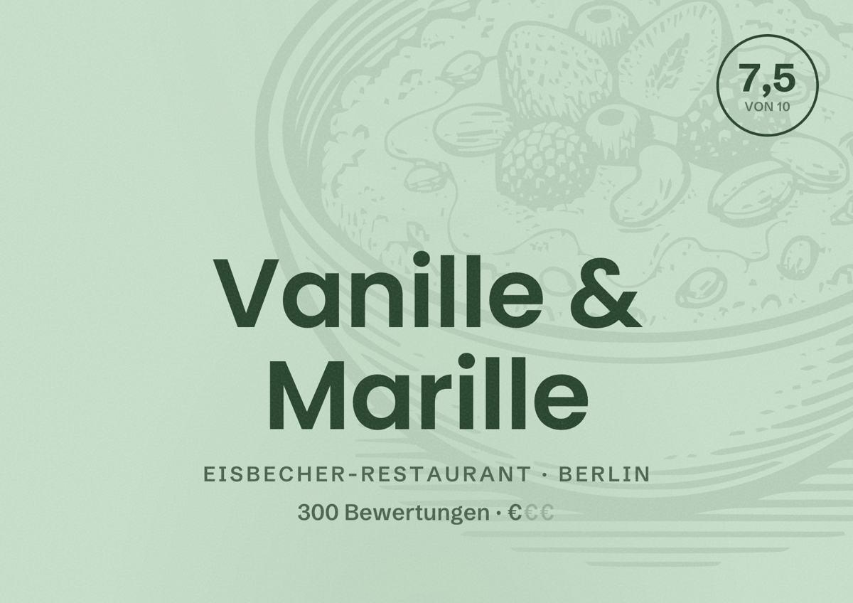 Illustriertes Poster von Vanille & Marille, Eisbecher-Restaurant in Berlin: Bewertung 7,5 von 10 aus 300 Bewertungen, Preisniveau €