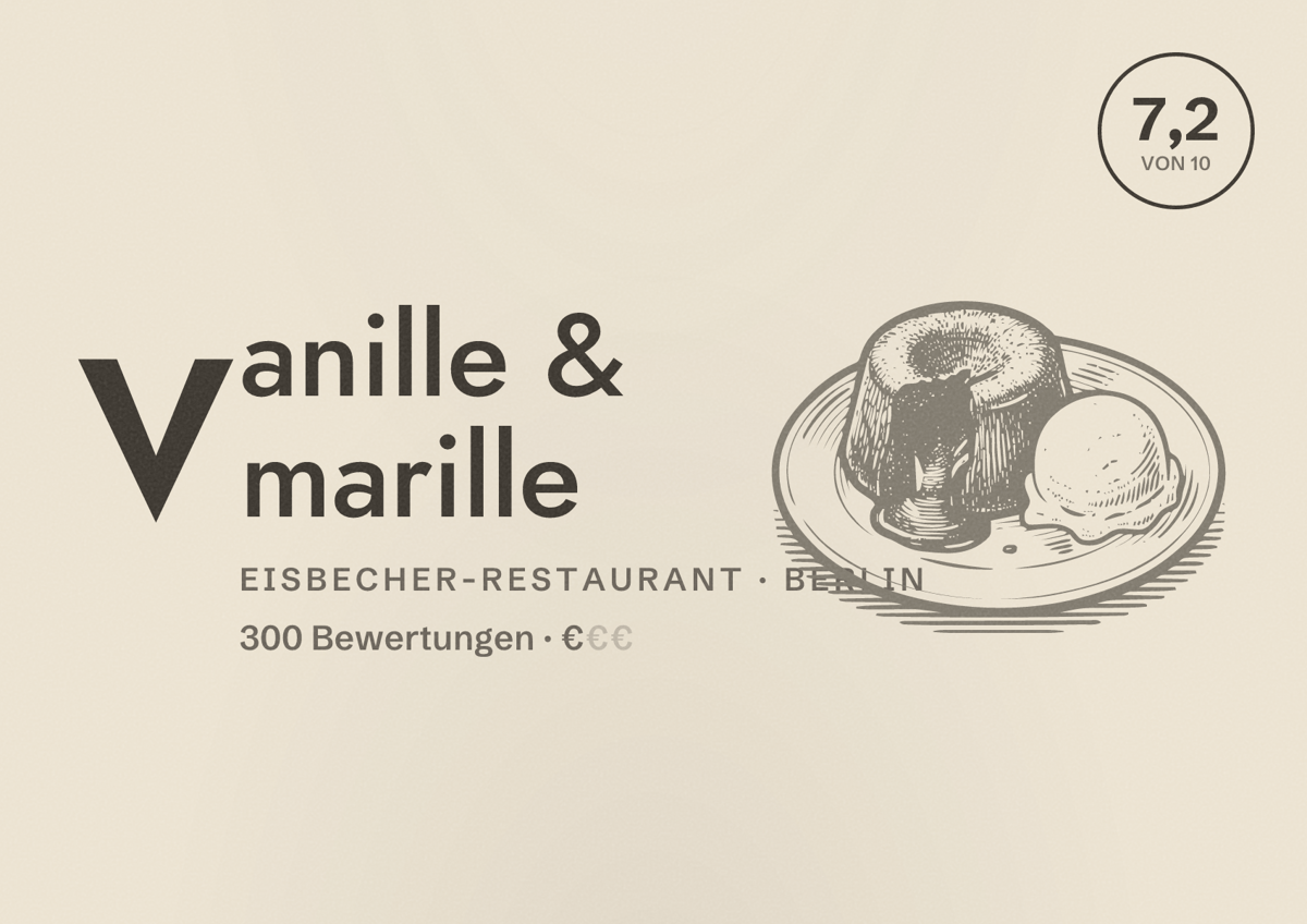 Illustriertes Poster von vanille & marille, Eisbecher-Restaurant in Berlin: Bewertung 7,2 von 10 aus 300 Bewertungen, Preisniveau €