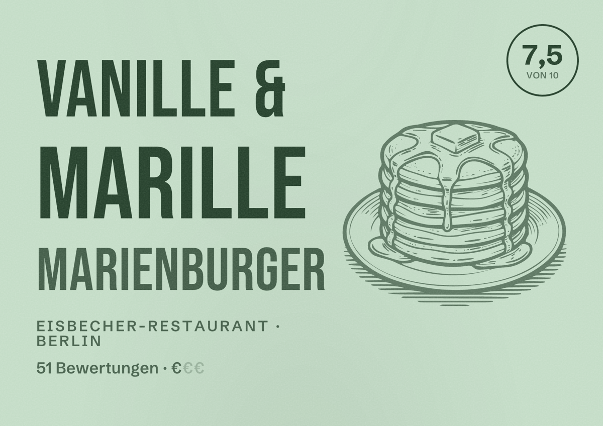 Illustriertes Poster von Vanille & Marille Marienburger, Eisbecher-Restaurant in Berlin: Bewertung 7,5 von 10 aus 51 Bewertungen, Preisniveau €