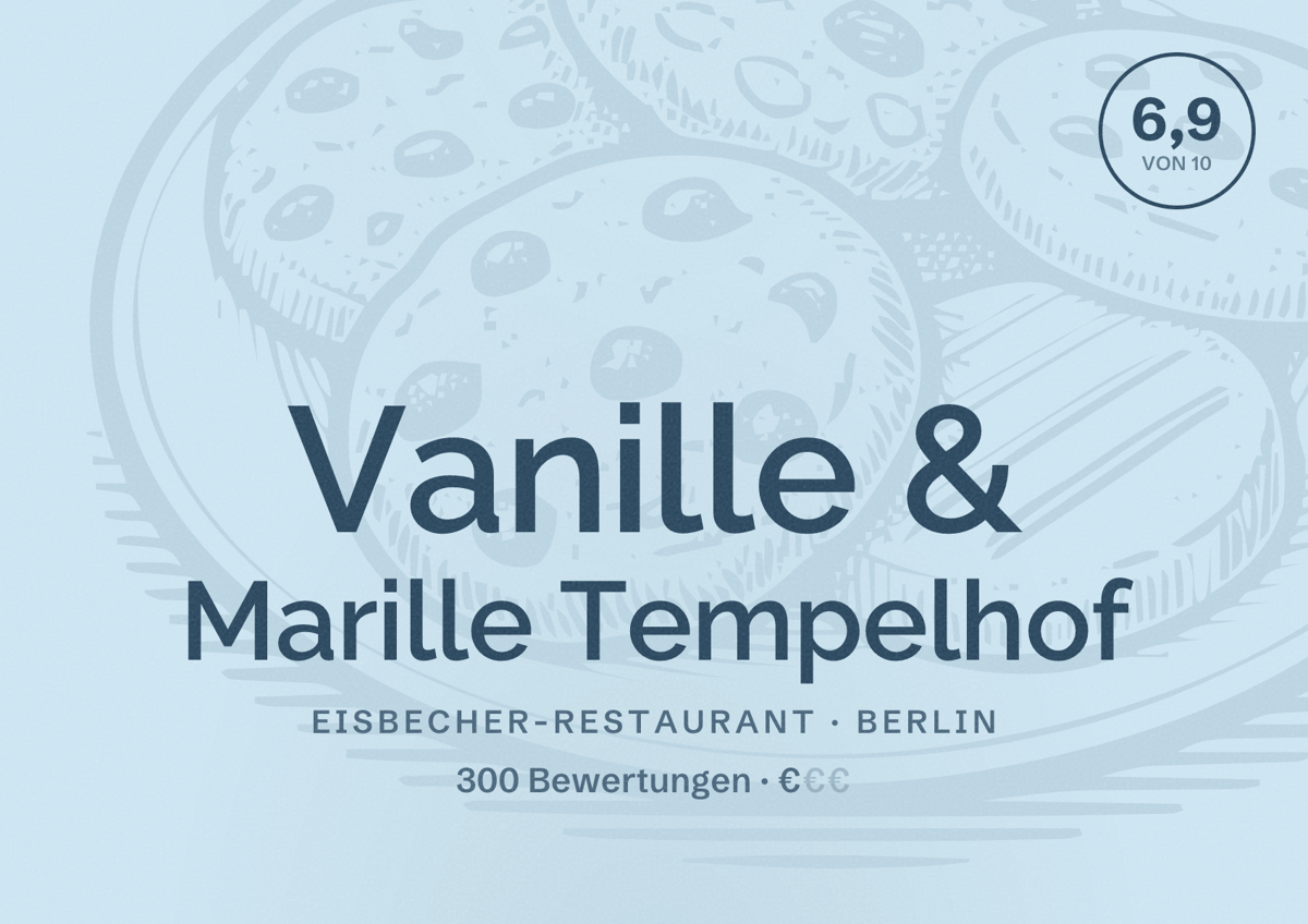 Illustriertes Poster von Vanille & Marille Tempelhof, Eisbecher-Restaurant in Berlin: Bewertung 6,9 von 10 aus 300 Bewertungen, Preisniveau €