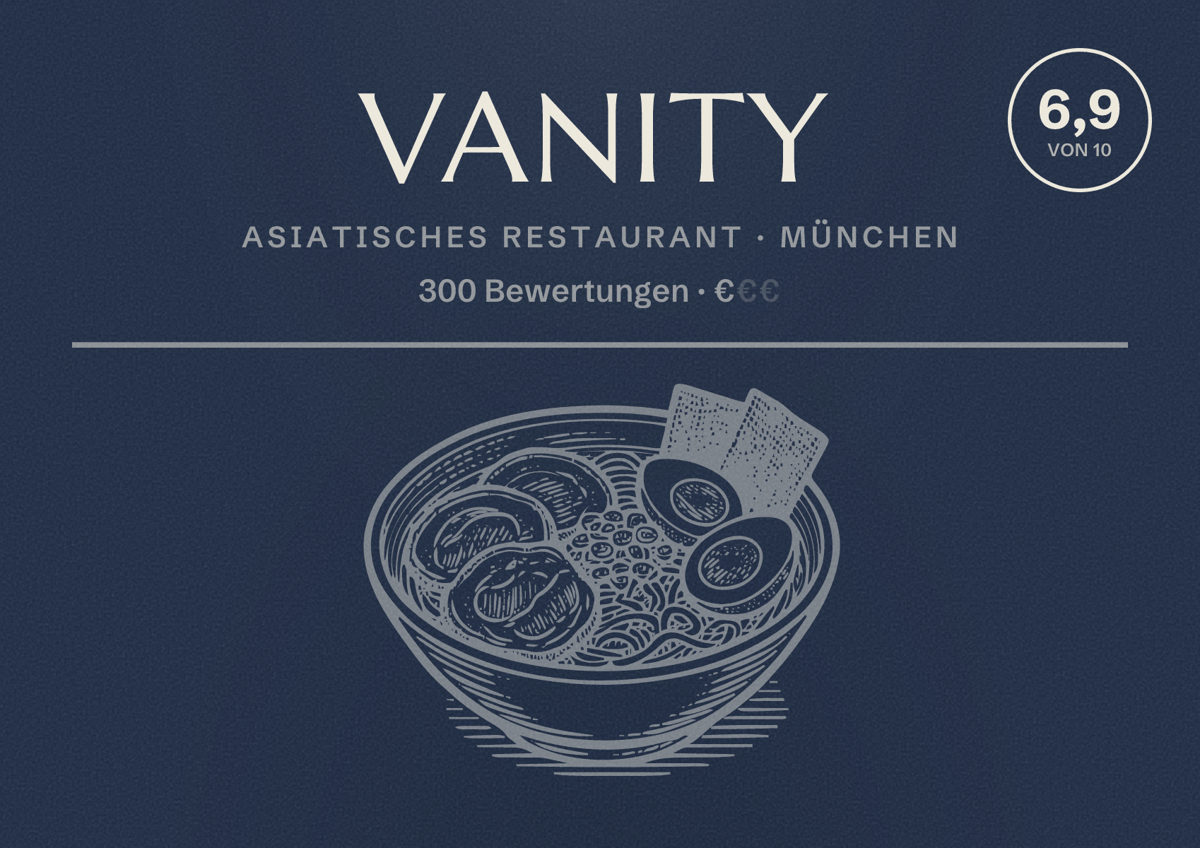 Illustriertes Poster von Vanity, Asiatisches Restaurant in München: Bewertung 6,9 von 10 aus 300 Bewertungen, Preisniveau €