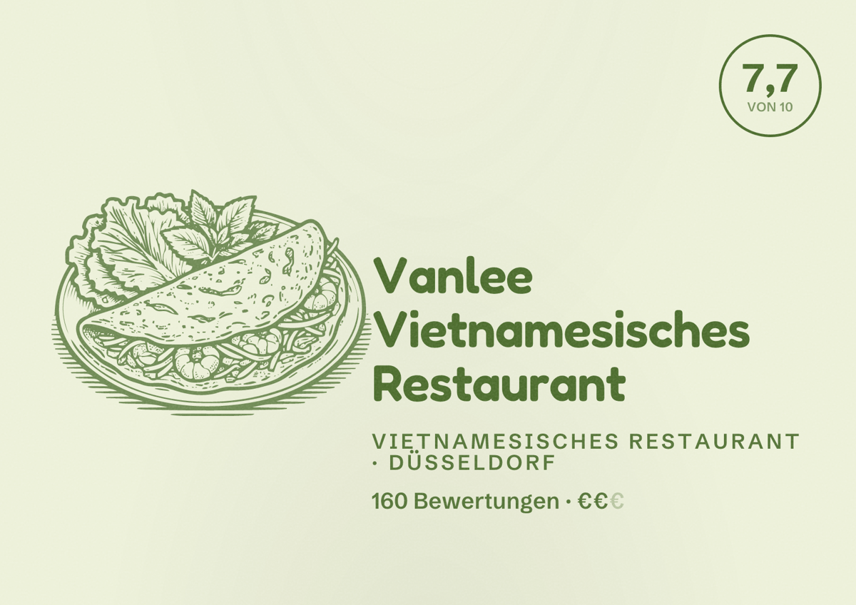 Illustriertes Poster von Vanlee Vietnamesisches Restaurant, Vietnamesisches Restaurant in Düsseldorf: Bewertung 7,7 von 10 aus 160 Bewertungen, Preisniveau €€