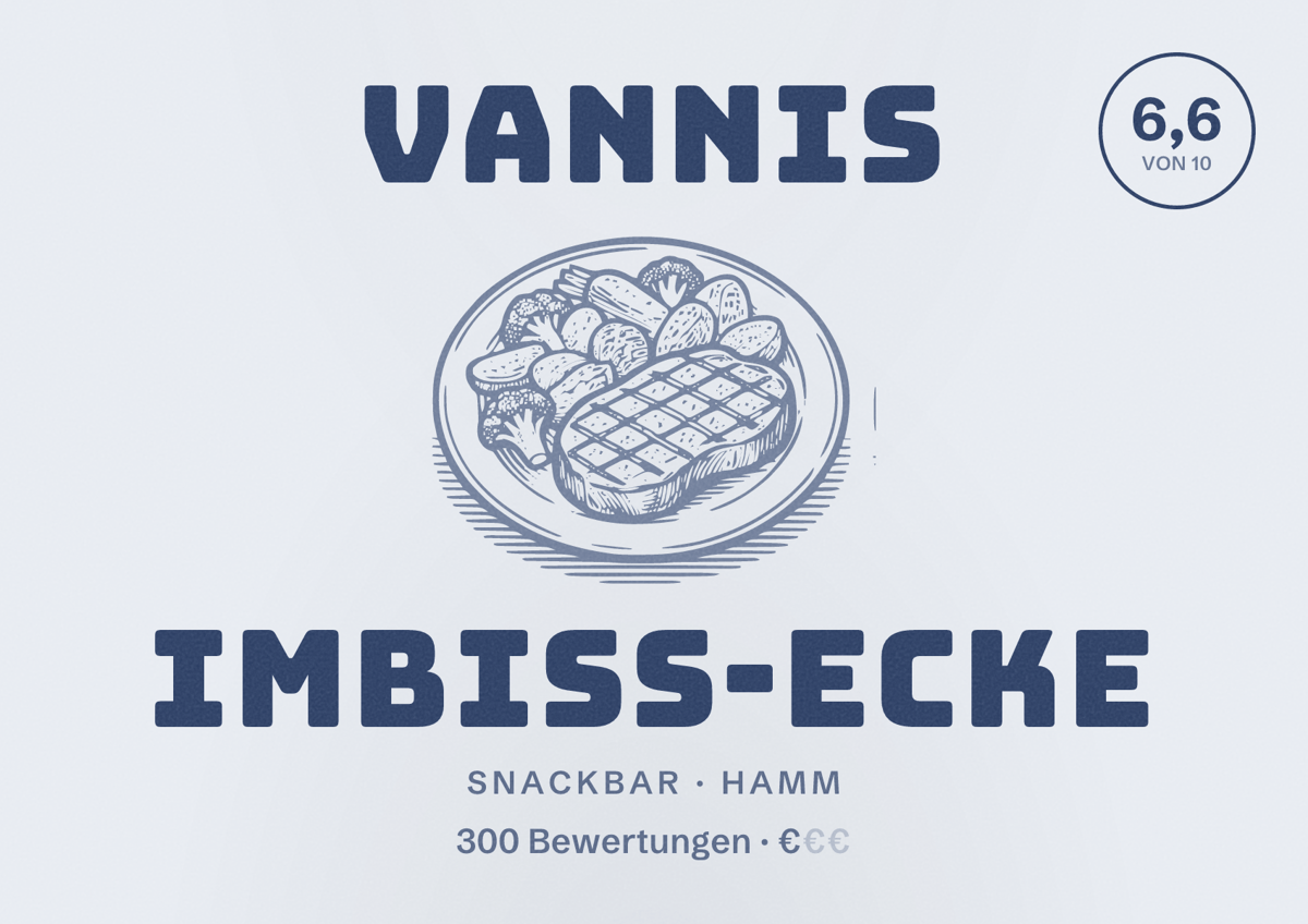 Illustriertes Poster von Vannis Imbiss-Ecke, Snackbar in Hamm: Bewertung 6,6 von 10 aus 300 Bewertungen, Preisniveau €