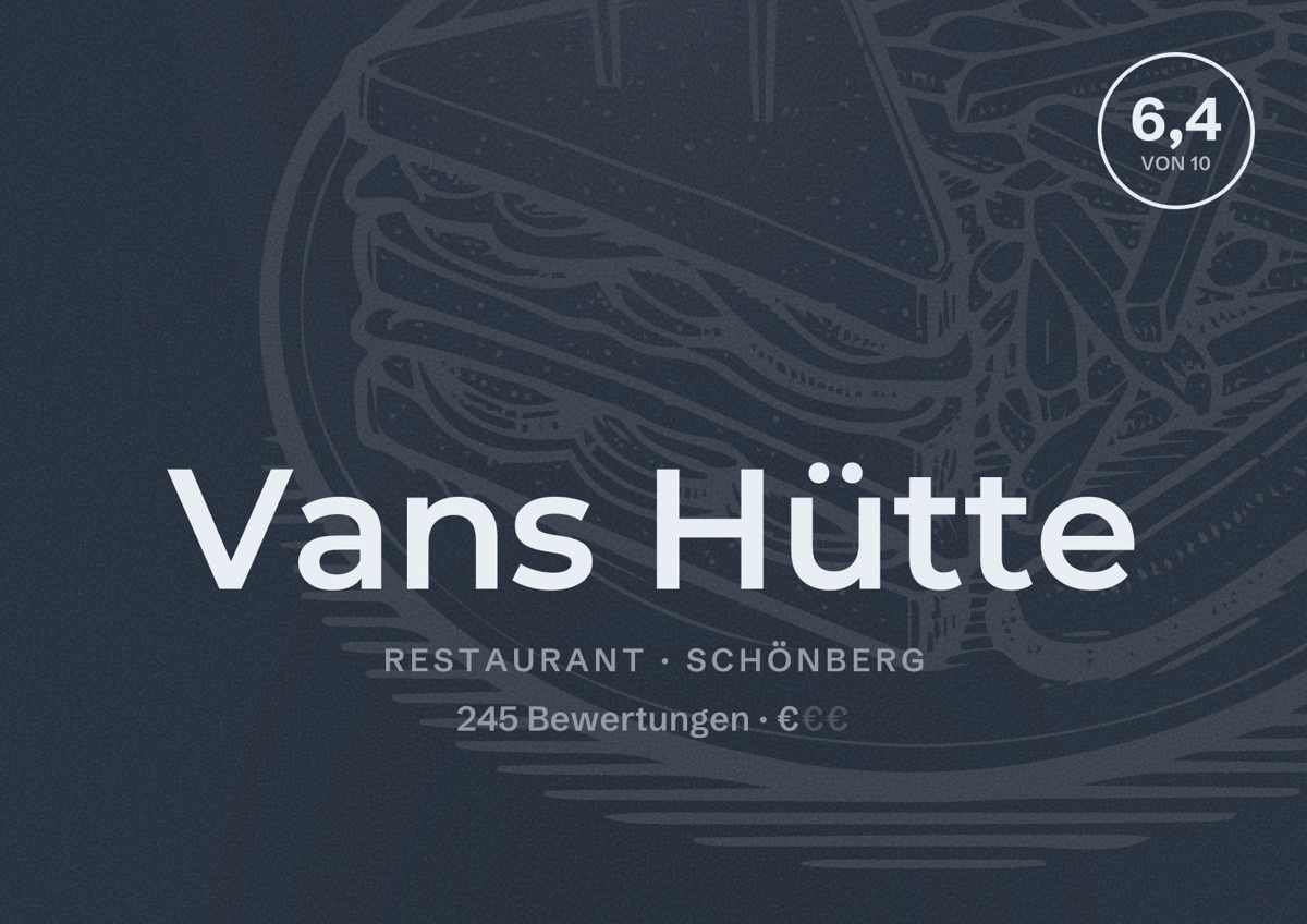 Illustriertes Poster von Vans Hütte, Restaurant in Schönberg: Bewertung 6,4 von 10 aus 245 Bewertungen, Preisniveau €