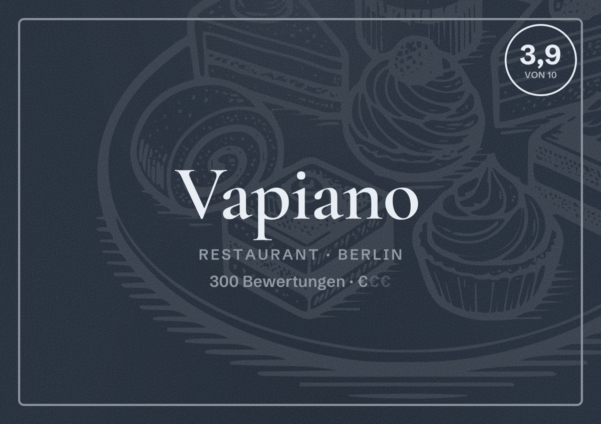Illustriertes Poster von Vapiano, Restaurant in Berlin: Bewertung 3,9 von 10 aus 300 Bewertungen, Preisniveau €