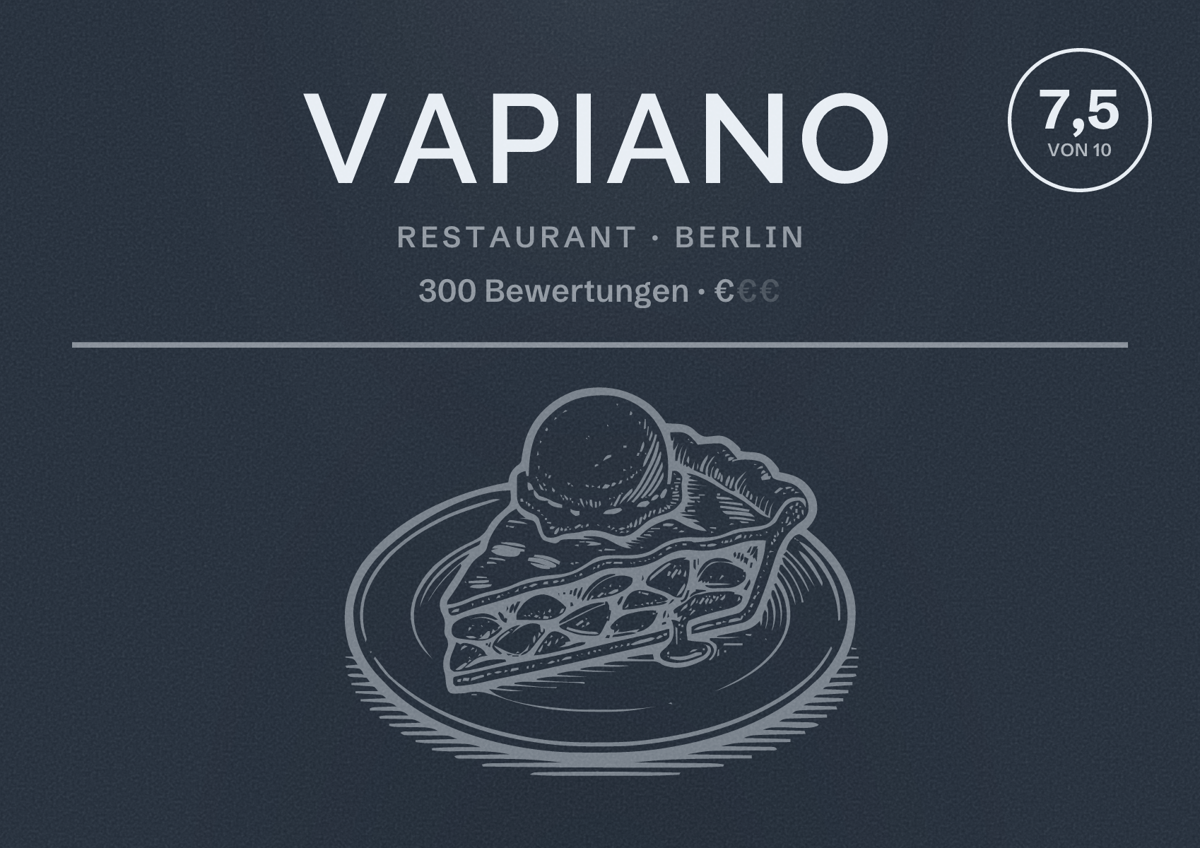 Illustriertes Poster von Vapiano, Restaurant in Berlin: Bewertung 7,5 von 10 aus 300 Bewertungen, Preisniveau €