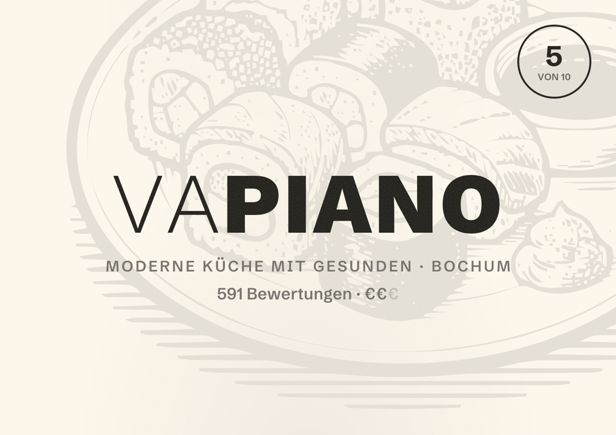 Illustriertes Poster von VAPIANO, Moderne Küche mit gesunden in Bochum: Bewertung 5 von 10 aus 591 Bewertungen, Preisniveau €€