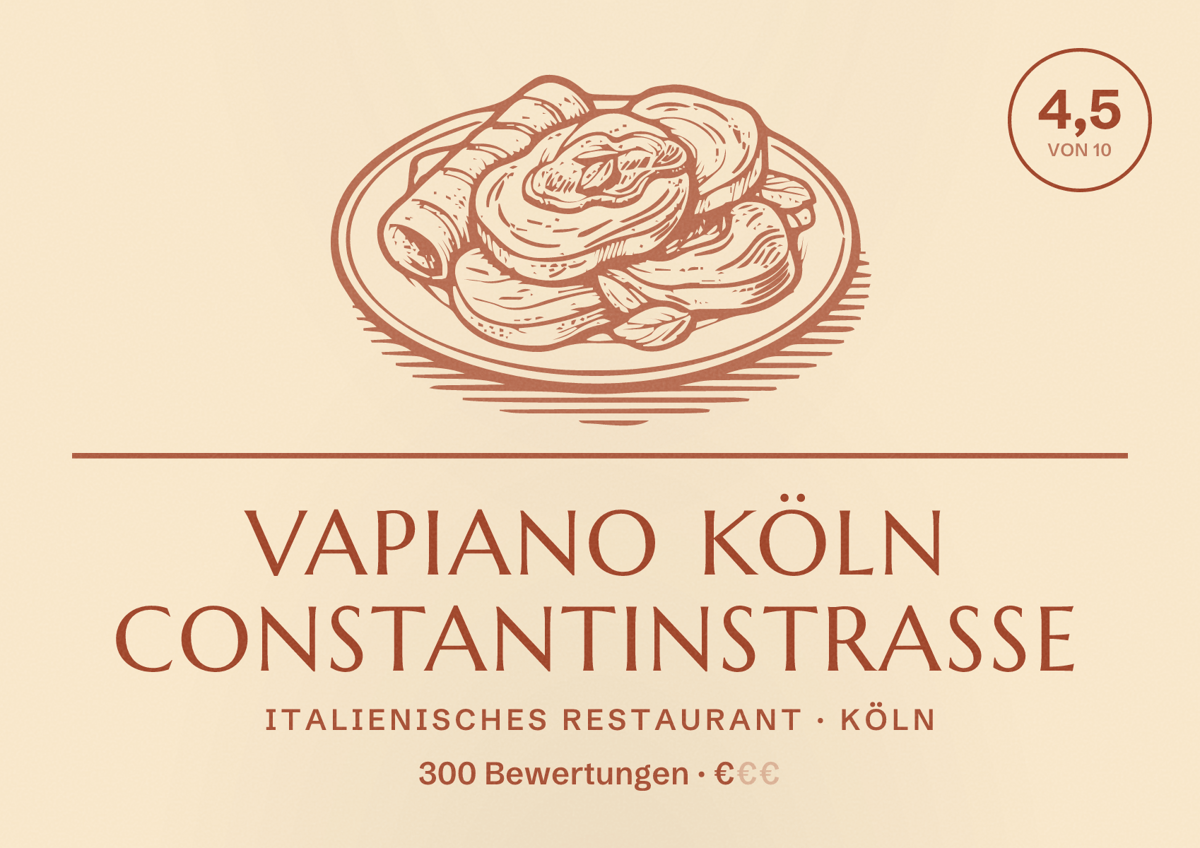 Illustriertes Poster von VAPIANO Köln Constantinstraße, Italienisches Restaurant in Köln: Bewertung 4,5 von 10 aus 300 Bewertungen, Preisniveau €