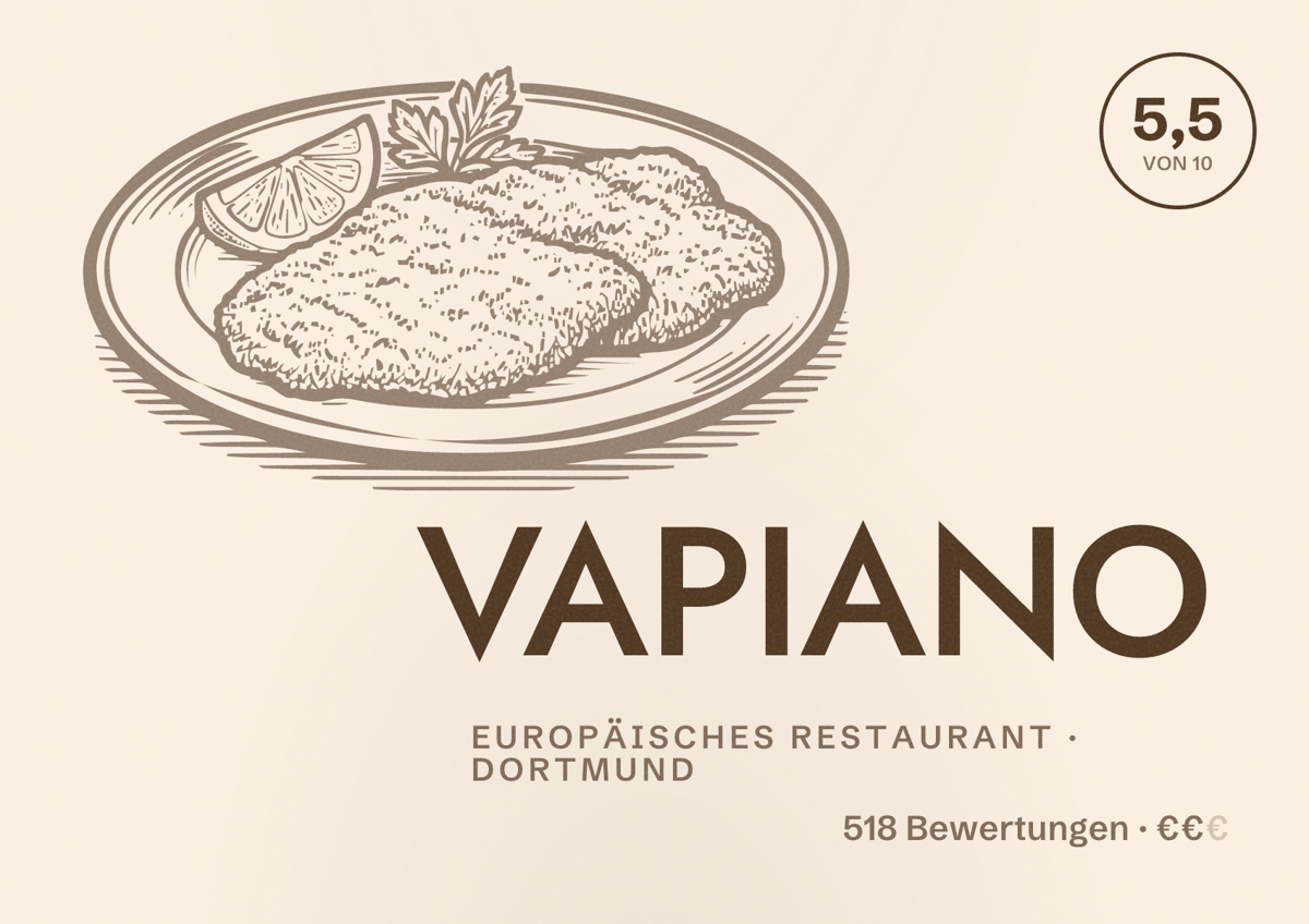Illustriertes Poster von VAPIANO, Europäisches Restaurant in Dortmund: Bewertung 5,5 von 10 aus 518 Bewertungen, Preisniveau €€