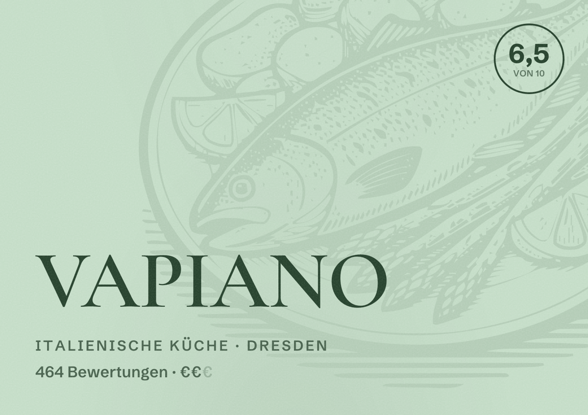 Illustriertes Poster von VAPIANO, Italienische Küche in Dresden: Bewertung 6,5 von 10 aus 464 Bewertungen, Preisniveau €€