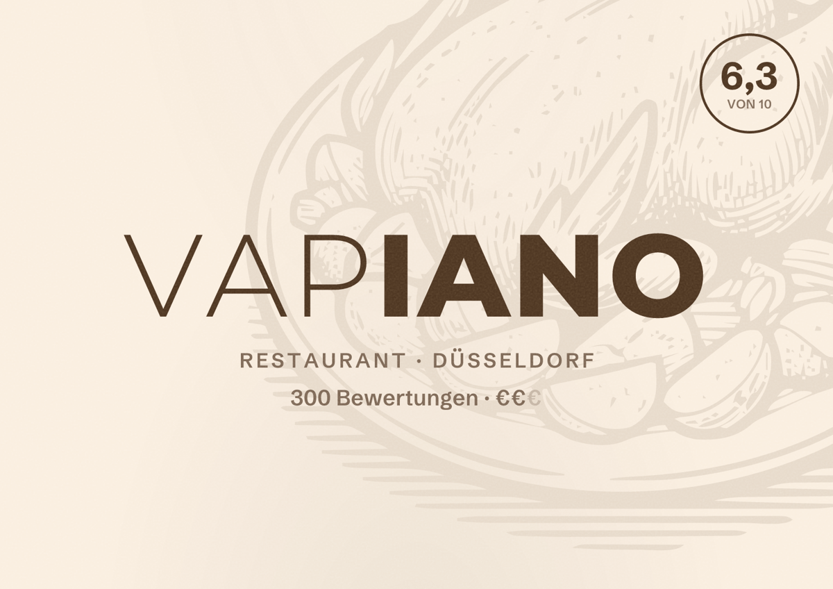 Illustriertes Poster von VAPIANO, Restaurant in Düsseldorf: Bewertung 6,3 von 10 aus 300 Bewertungen, Preisniveau €€