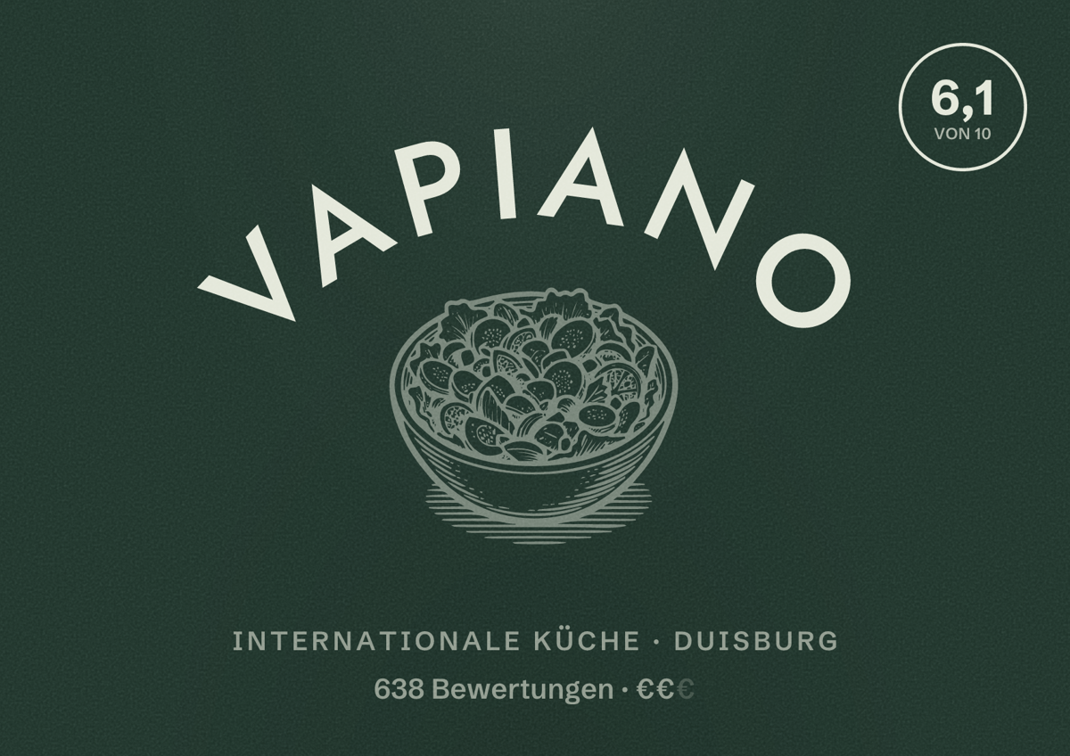 Illustriertes Poster von VAPIANO, Internationale Küche in Duisburg: Bewertung 6,1 von 10 aus 638 Bewertungen, Preisniveau €€