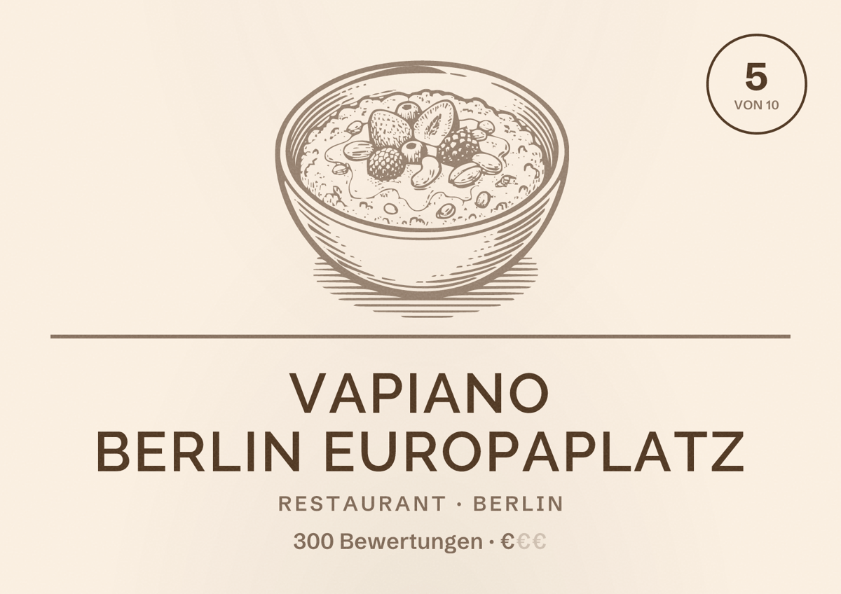 Illustriertes Poster von VAPIANO Berlin Europaplatz, Restaurant in Berlin: Bewertung 5 von 10 aus 300 Bewertungen, Preisniveau €