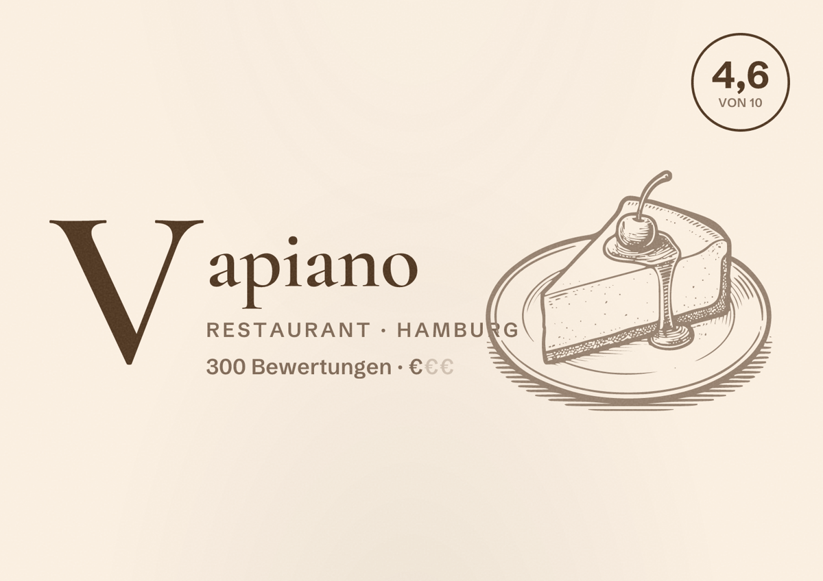 Illustriertes Poster von Vapiano, Restaurant in Hamburg: Bewertung 4,6 von 10 aus 300 Bewertungen, Preisniveau €