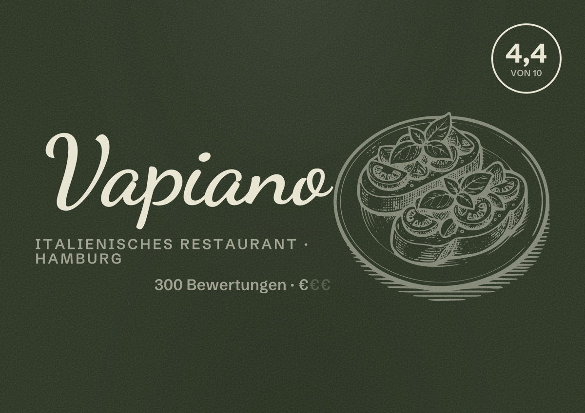 Illustriertes Poster von Vapiano, Italienisches Restaurant in Hamburg: Bewertung 4,4 von 10 aus 300 Bewertungen, Preisniveau €