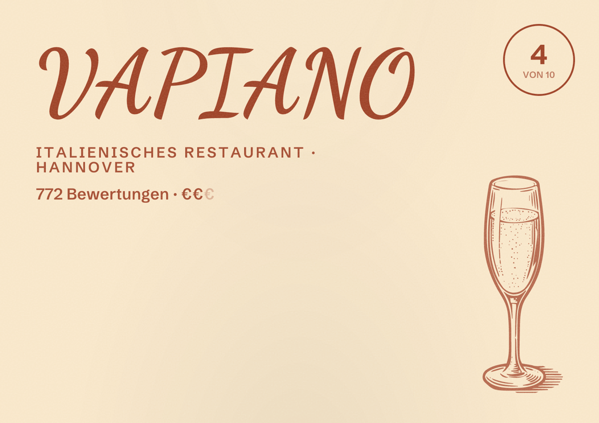 Illustriertes Poster von VAPIANO, Italienisches Restaurant in Hannover: Bewertung 4,0 von 10 aus 772 Bewertungen, Preisniveau €€