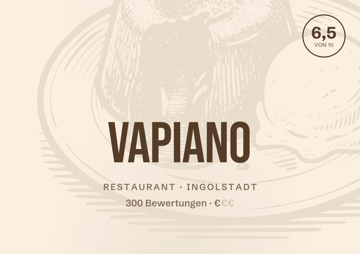 Illustriertes Poster von Vapiano, Restaurant in Ingolstadt: Bewertung 6,5 von 10 aus 300 Bewertungen, Preisniveau €