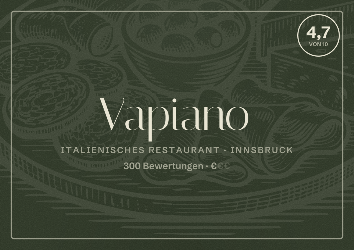 Illustriertes Poster von Vapiano, Italienisches Restaurant in Innsbruck: Bewertung 4,7 von 10 aus 300 Bewertungen, Preisniveau €