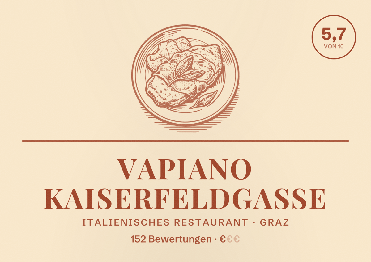 Illustriertes Poster von VAPIANO Kaiserfeldgasse, Italienisches Restaurant in Graz: Bewertung 5,7 von 10 aus 152 Bewertungen, Preisniveau €