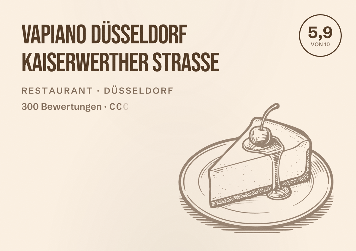 Illustriertes Poster von VAPIANO Düsseldorf Kaiserwerther Straße, Restaurant in Düsseldorf: Bewertung 5,9 von 10 aus 300 Bewertungen, Preisniveau €€