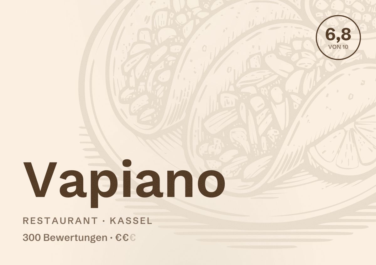 Illustriertes Poster von Vapiano, Restaurant in Kassel: Bewertung 6,8 von 10 aus 300 Bewertungen, Preisniveau €€
