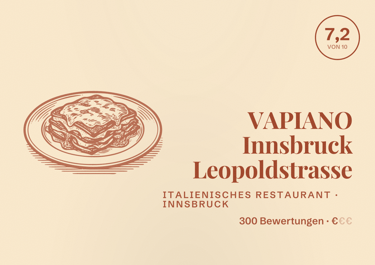 Illustriertes Poster von VAPIANO Innsbruck Leopoldstrasse, Italienisches Restaurant in Innsbruck: Bewertung 7,2 von 10 aus 300 Bewertungen, Preisniveau €