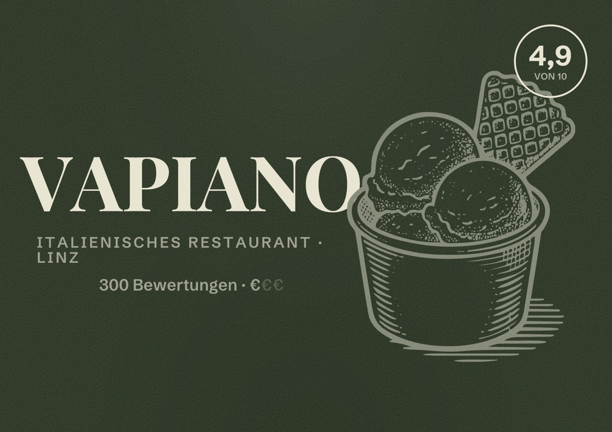 Illustriertes Poster von VAPIANO, Italienisches Restaurant in Linz: Bewertung 4,9 von 10 aus 300 Bewertungen, Preisniveau €