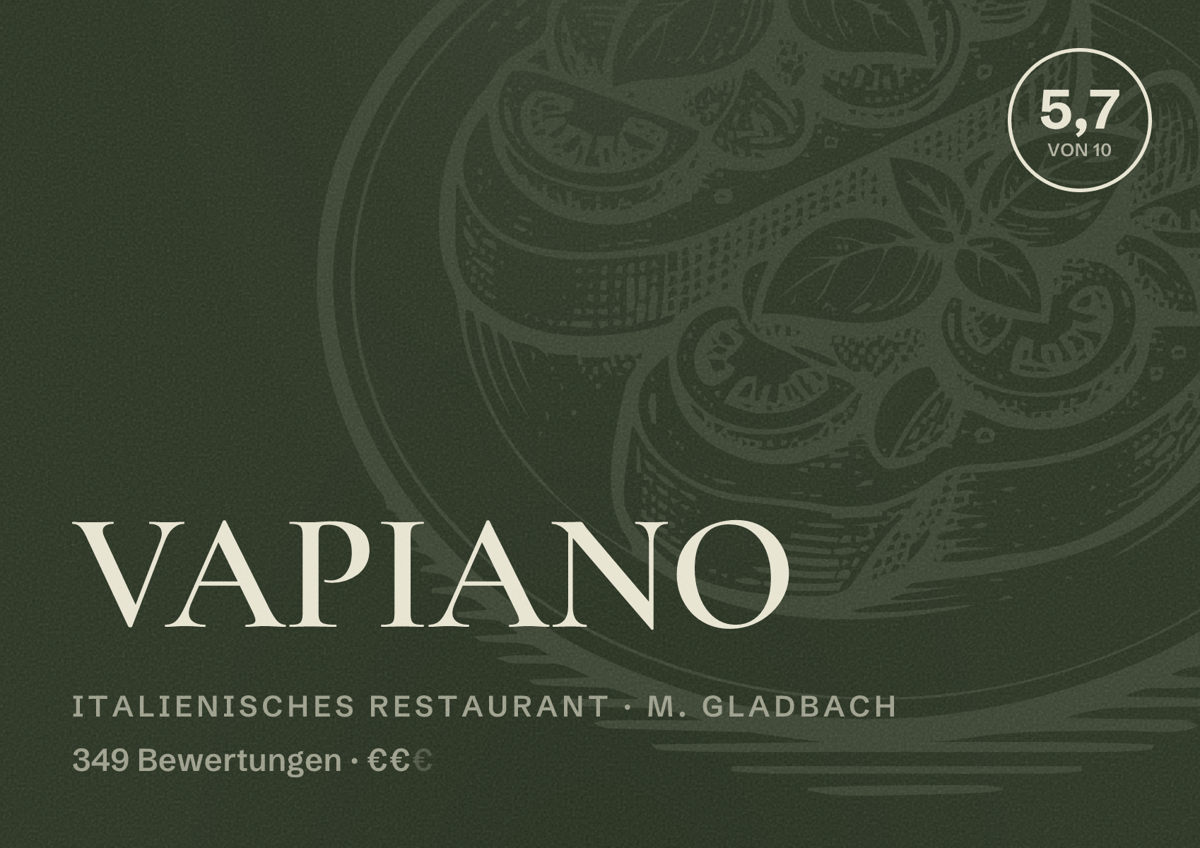 Illustriertes Poster von VAPIANO, Italienisches Restaurant in M. Gladbach: Bewertung 5,7 von 10 aus 349 Bewertungen, Preisniveau €€