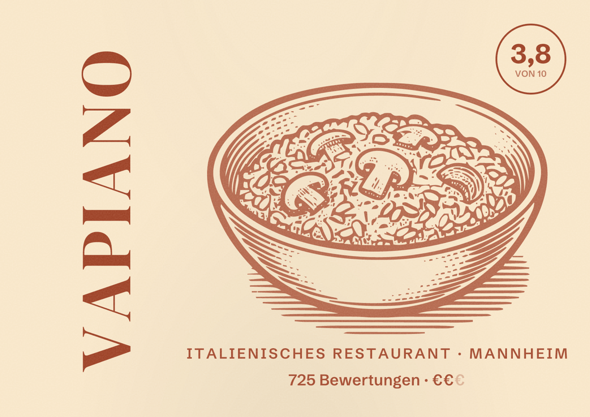 Illustriertes Poster von Vapiano, Italienisches Restaurant in Mannheim: Bewertung 3,8 von 10 aus 725 Bewertungen, Preisniveau €€