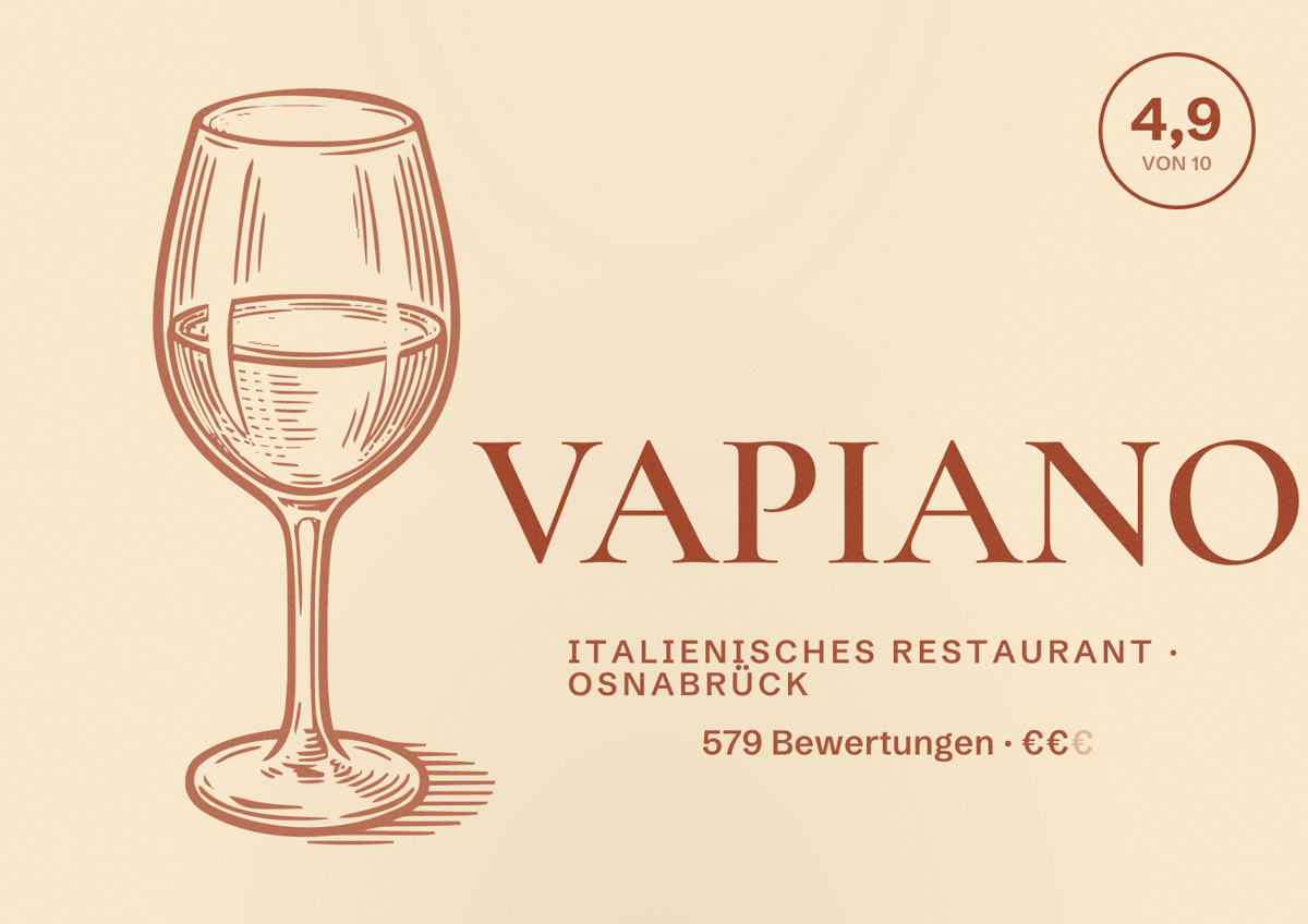 Illustriertes Poster von VAPIANO, Italienisches Restaurant in Osnabrück: Bewertung 4,9 von 10 aus 579 Bewertungen, Preisniveau €€