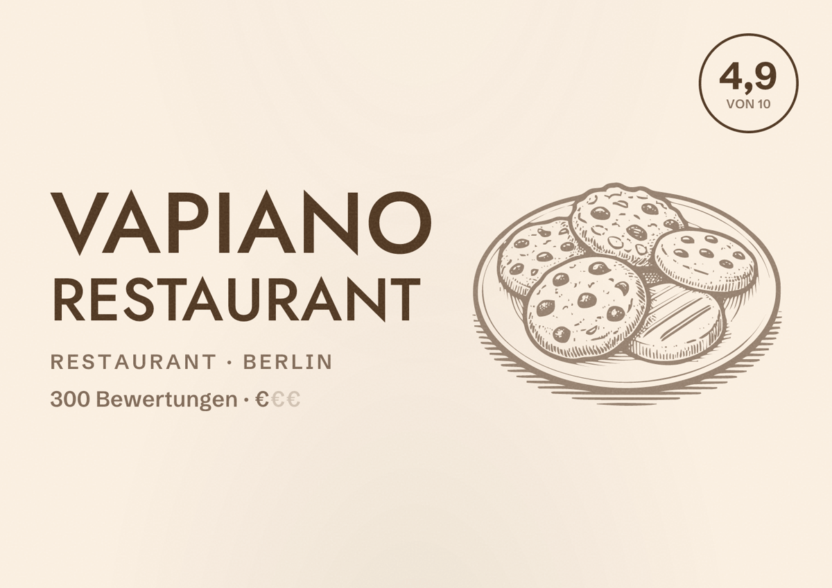 Illustriertes Poster von Vapiano Restaurant, Restaurant in Berlin: Bewertung 4,9 von 10 aus 300 Bewertungen, Preisniveau €