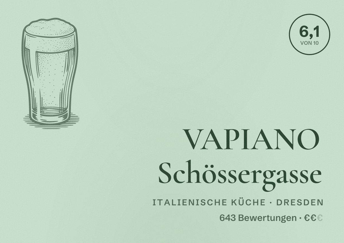 Illustriertes Poster von VAPIANO Schössergasse, Italienische Küche in Dresden: Bewertung 6,1 von 10 aus 643 Bewertungen, Preisniveau €€