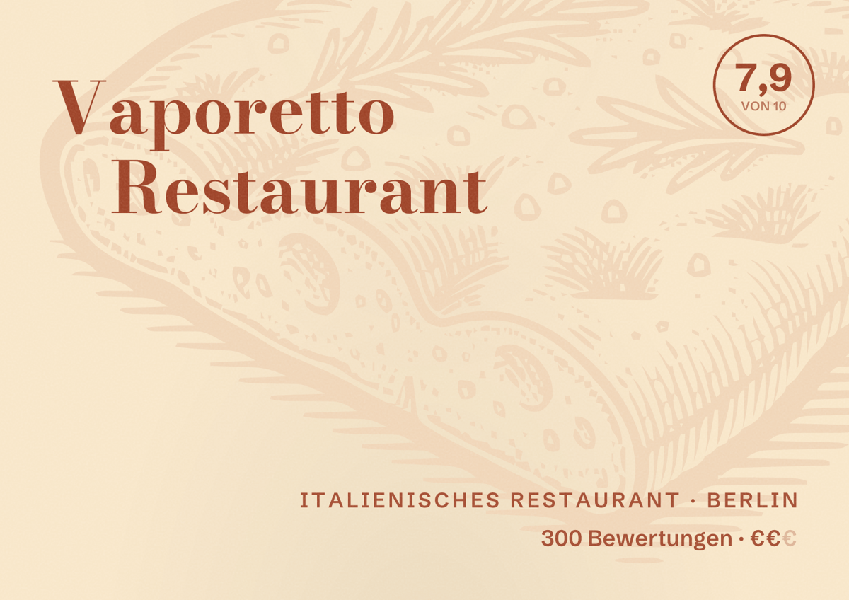 Illustriertes Poster von Vaporetto Restaurant, Italienisches Restaurant in Berlin: Bewertung 7,9 von 10 aus 300 Bewertungen, Preisniveau €€