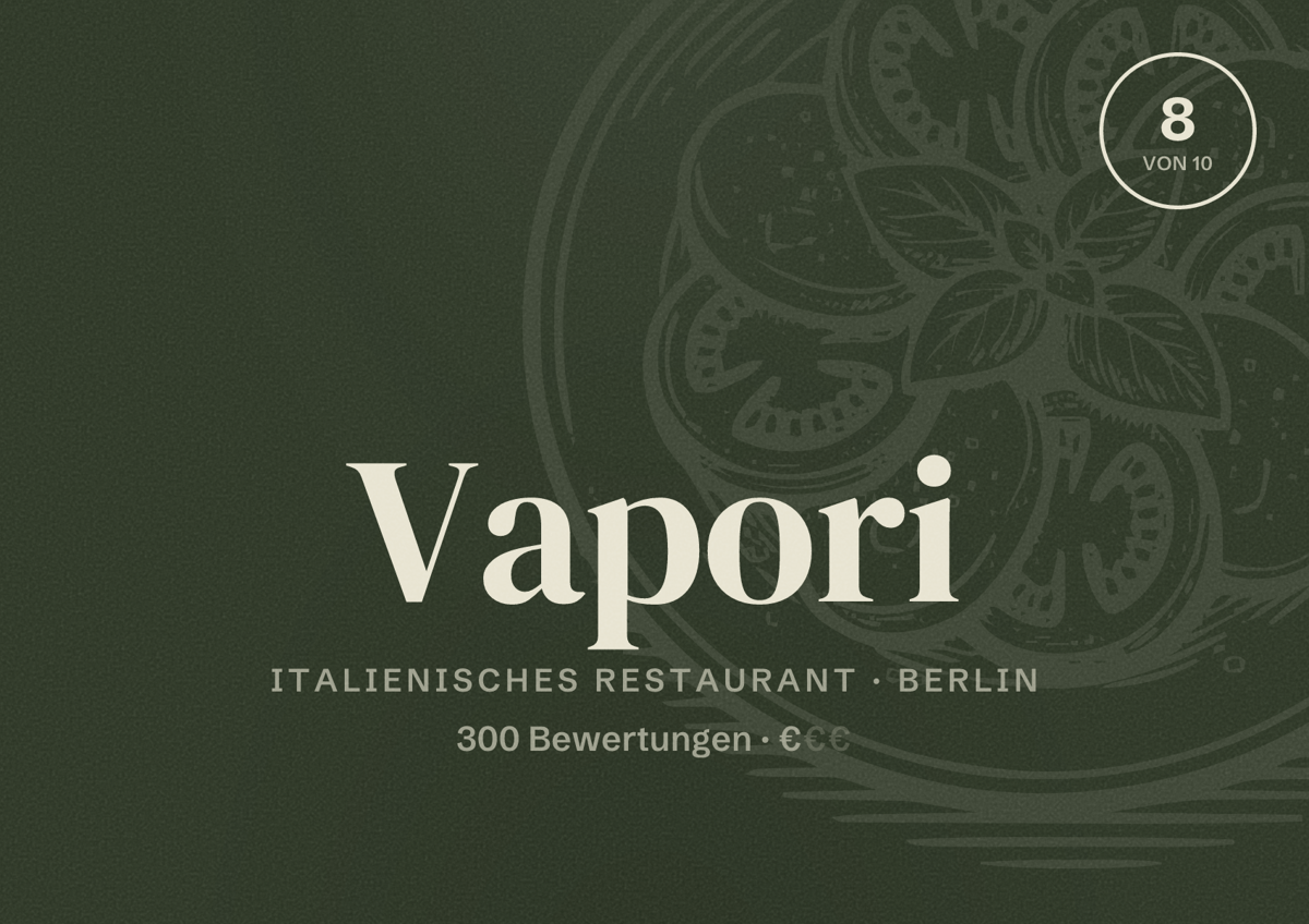Illustriertes Poster von Vapori, Italienisches Restaurant in Berlin: Bewertung 8,0 von 10 aus 300 Bewertungen, Preisniveau €