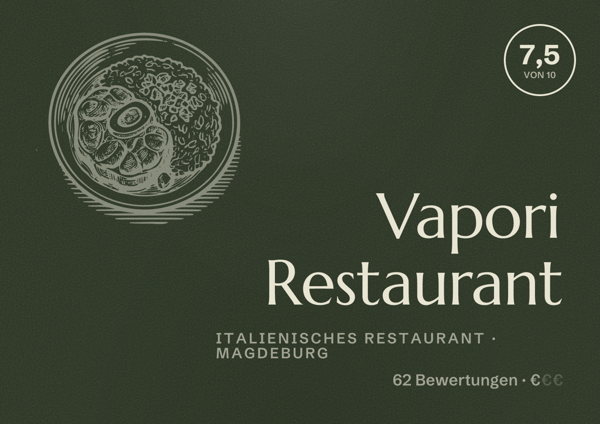 Illustriertes Poster von Vapori Restaurant, Italienisches Restaurant in Magdeburg: Bewertung 7,5 von 10 aus 62 Bewertungen, Preisniveau €