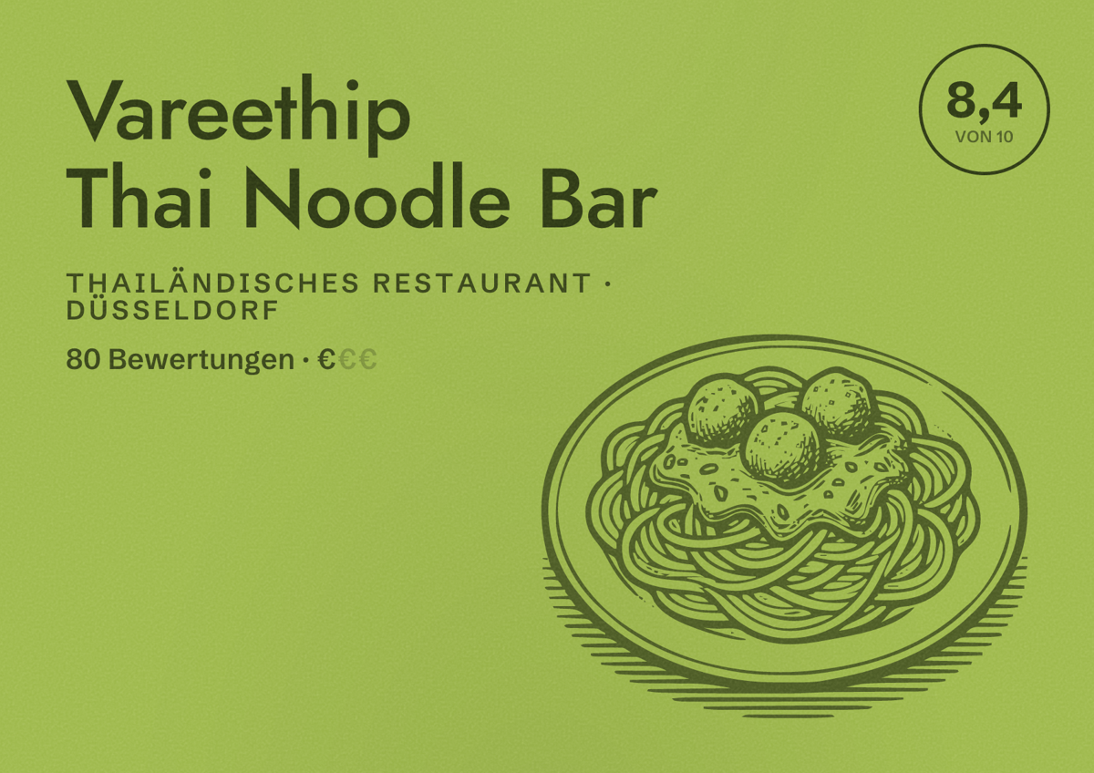 Illustriertes Poster von Vareethip Thai Noodle Bar, Thailändisches Restaurant in Düsseldorf: Bewertung 8,4 von 10 aus 80 Bewertungen, Preisniveau €